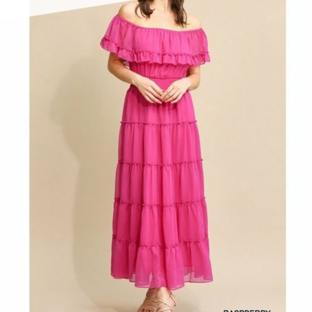 Off-Shoulder Raspberry Pink Maxi Dress - Picture 2 of 4